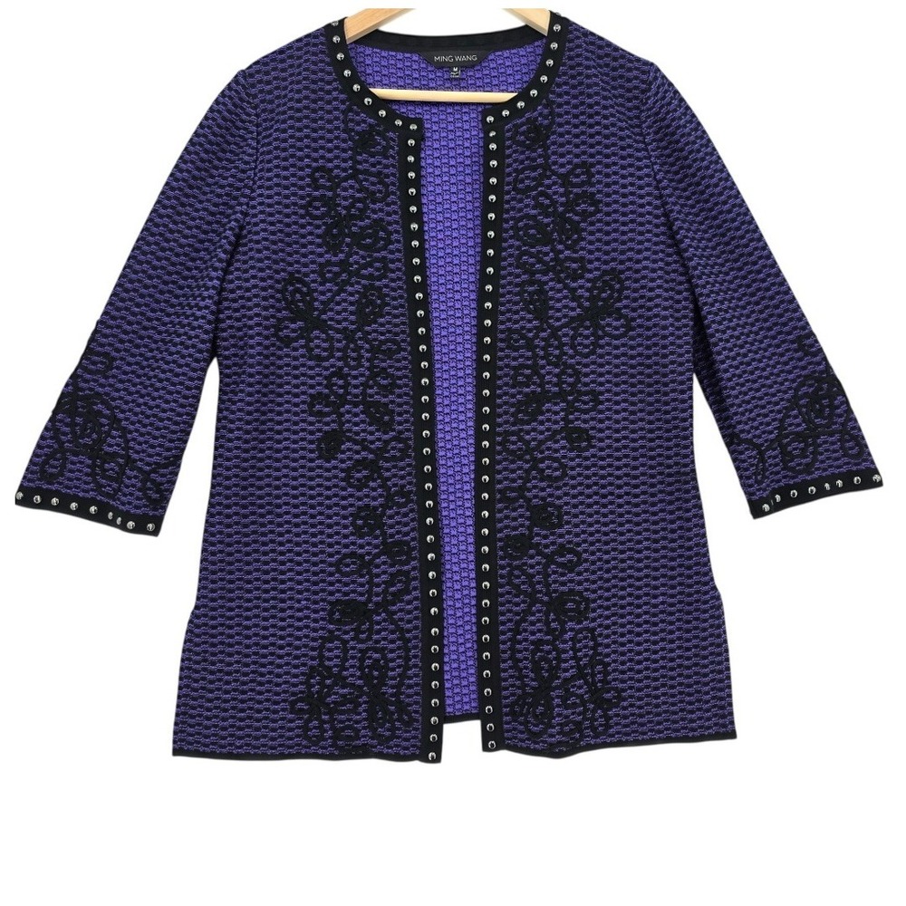 Ming Wang Womens M Purple Black Studded Collar Open Front Cardigan